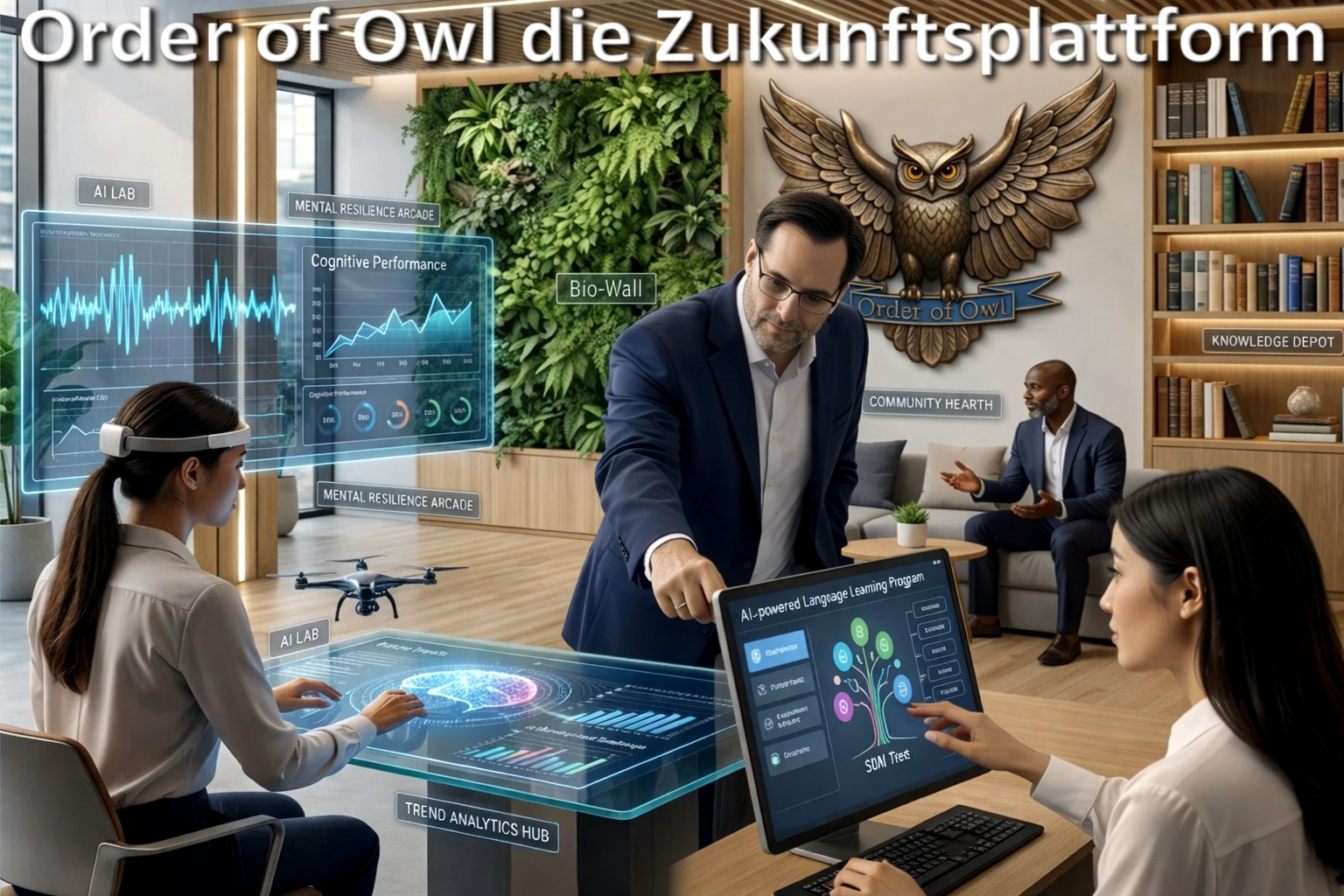 Fotorealistische Gruppe in moderner Zukunftsakademie mit digitaler Wissensumgebung